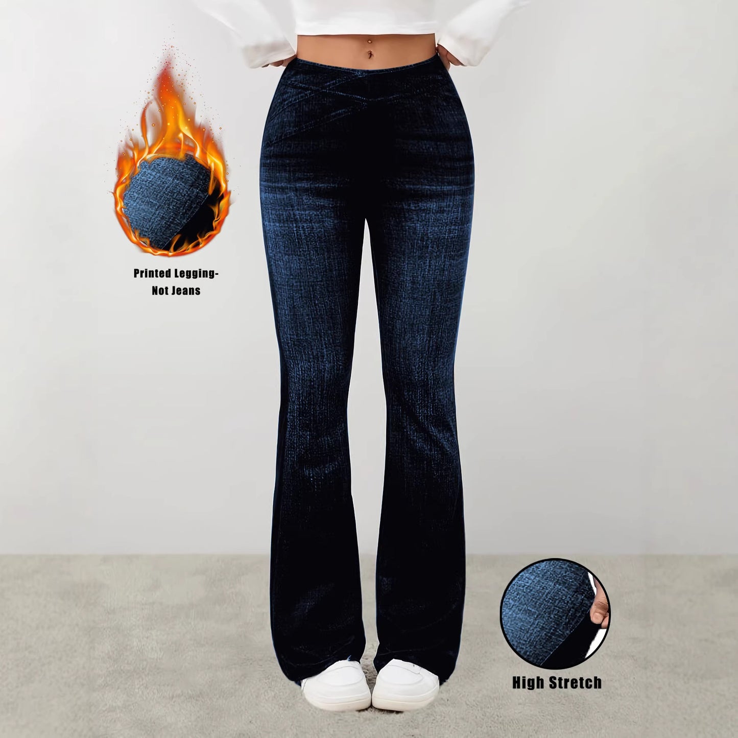 Womens Faux Denim High-waisted Flared Pants With A Printed Design