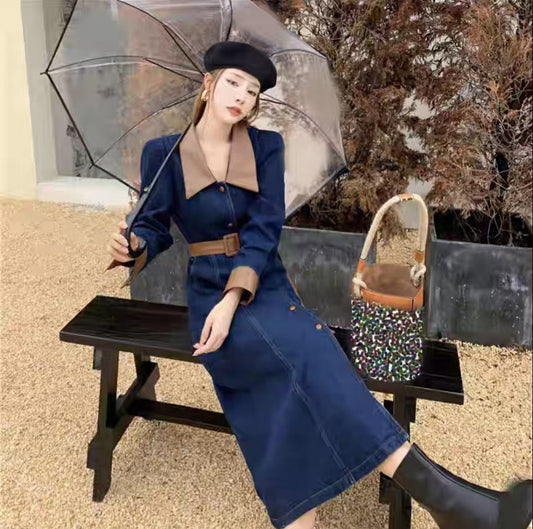 Retro Notch-Collar Patchwork Defined-Waist Long Dress For Women  Elegant Style