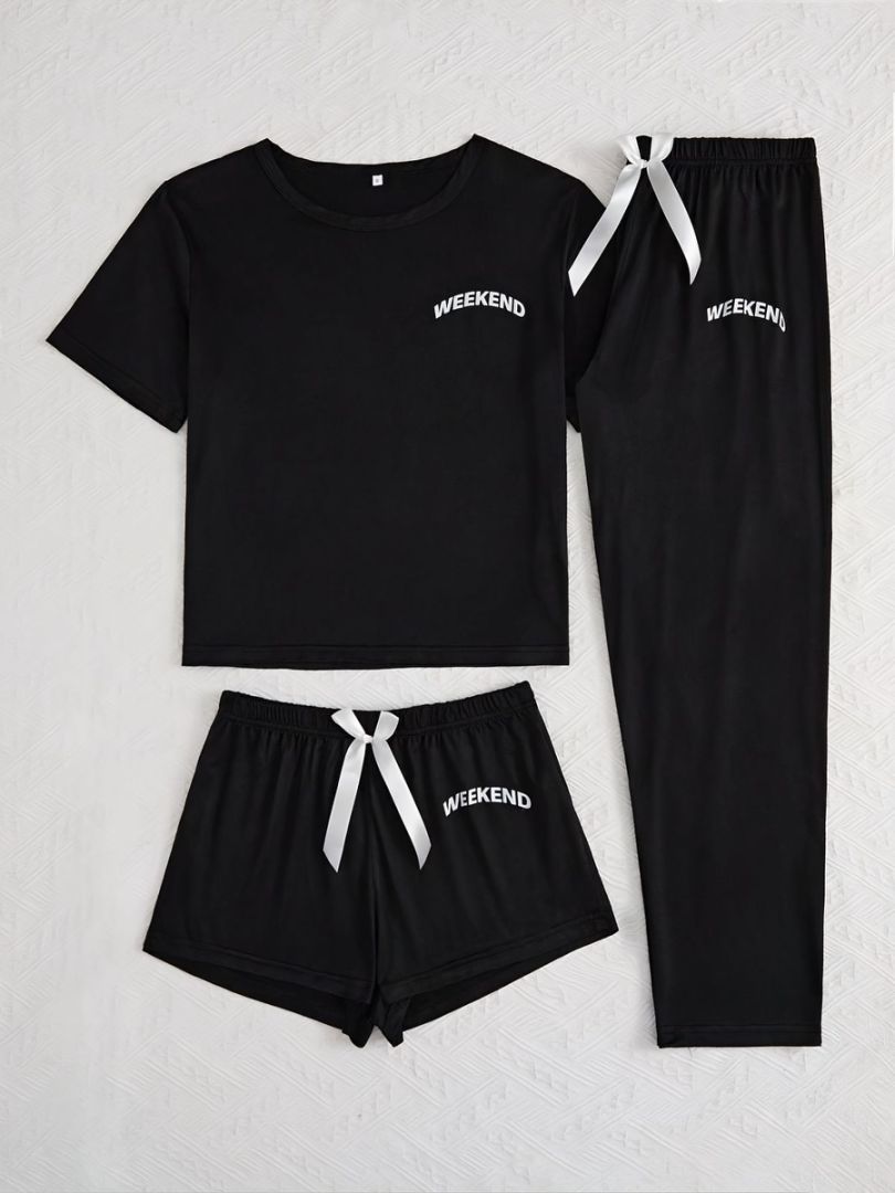 Homewear Pajamas For Women Lettered Black Three-piece Suit