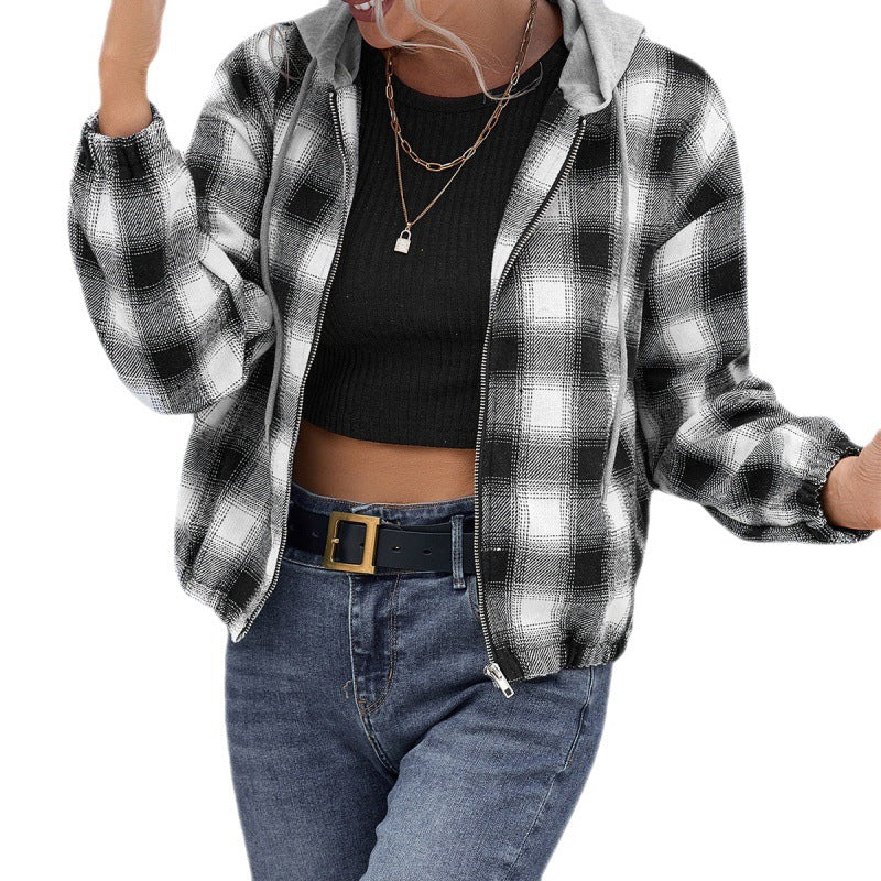 Check Shirt Loose Long Sleeve Casual Zipper Hooded Jacket Coat