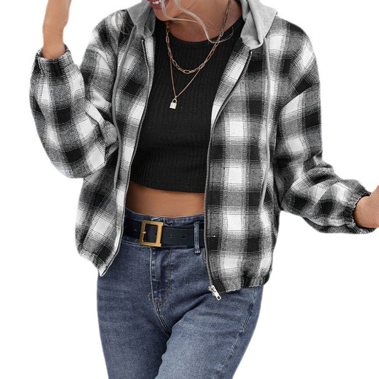 Check Shirt Loose Long Sleeve Casual Zipper Hooded Jacket Coat