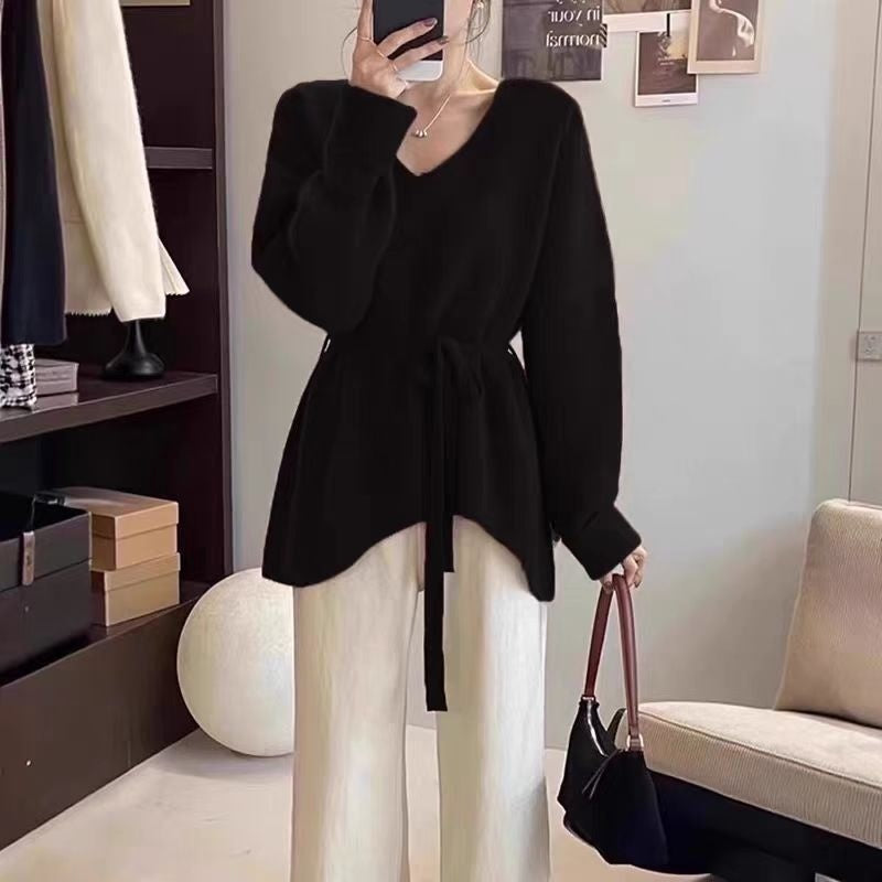 French Style Sweater Women's Mid-length Lazy Design Lace-up