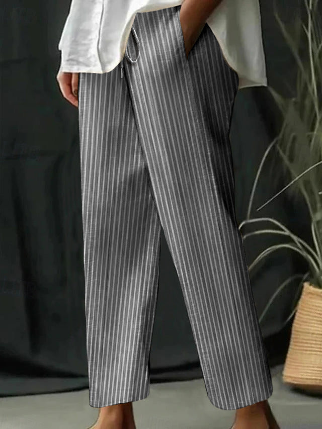 Casual Homewear Pants New Striped Solid Color Cotton And Linen Loose Trousers