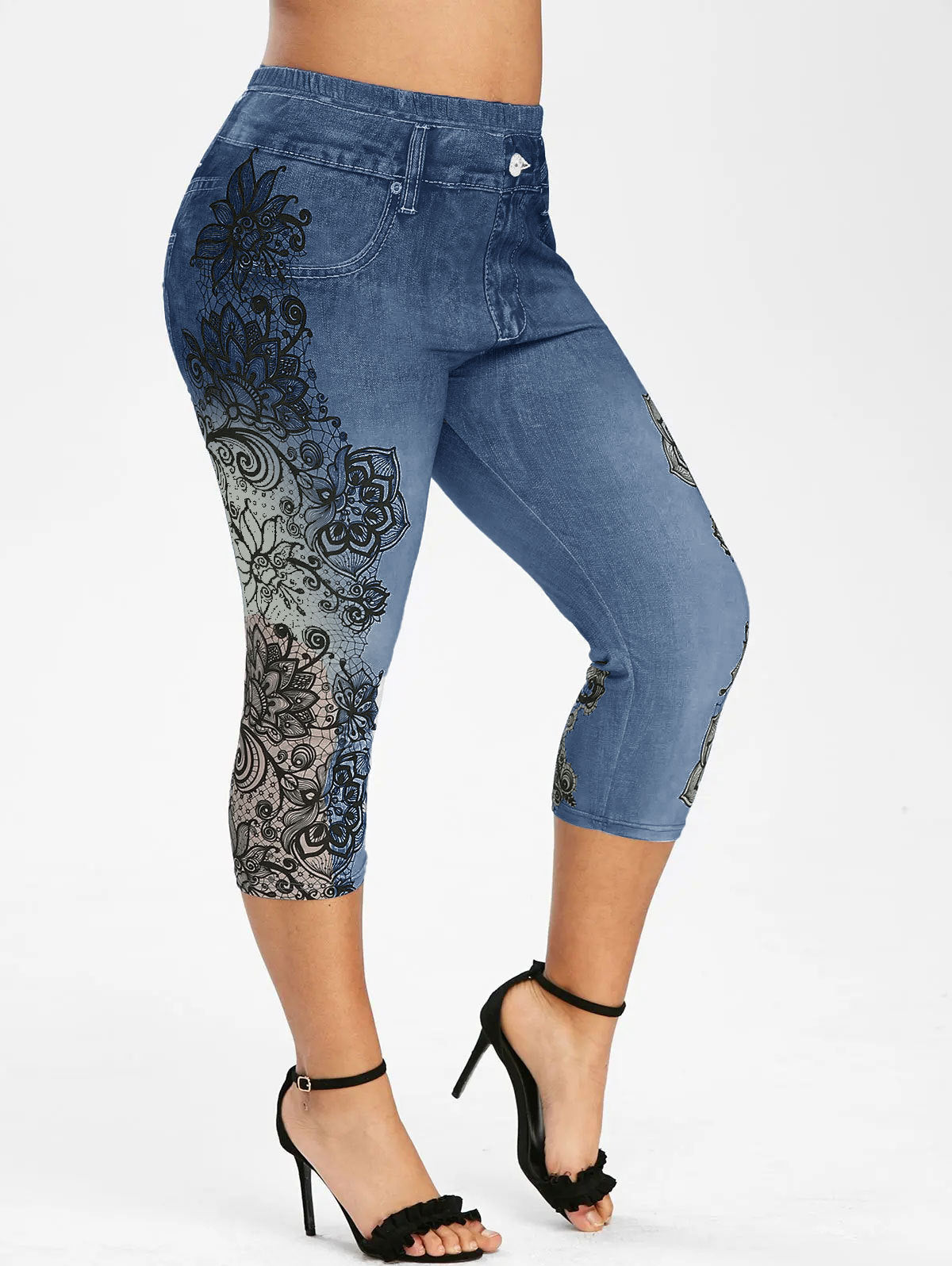 Mid-rise Printed Faux Denim Skinny Cropped Pants
