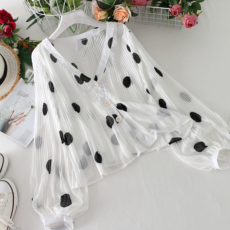 V-neck Pleated Polka Dot Sun Protection Shirt For Women