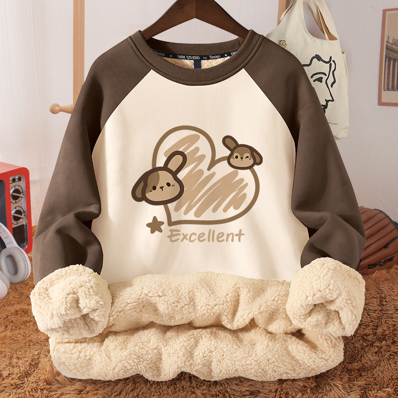 Women's Autumn And Winter Fleece-lined Thickened Hooded Berber Fleece Coat Contrast Color Raglan