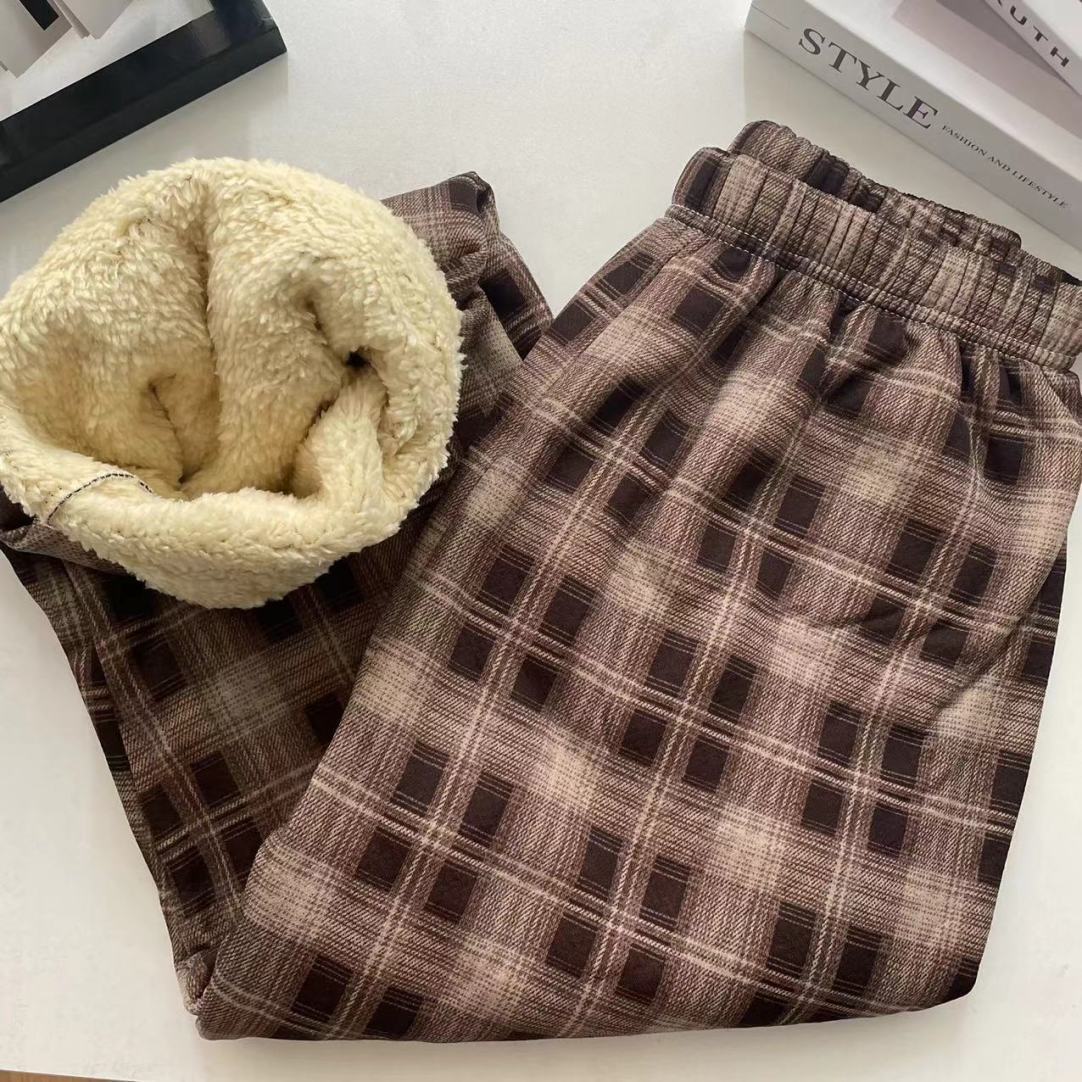 Winter Christmas Leopard-Print Shearling Plaid Pants