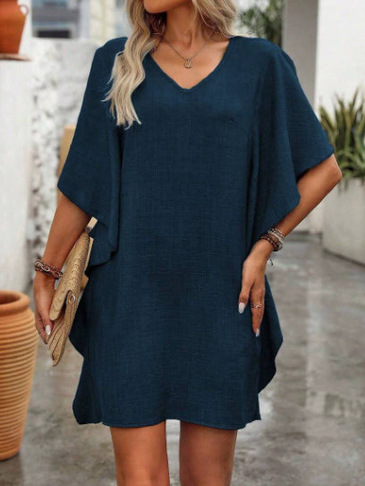 Solid-color Loose-fitting Flowing V-neck Dress With Ruffled Hem