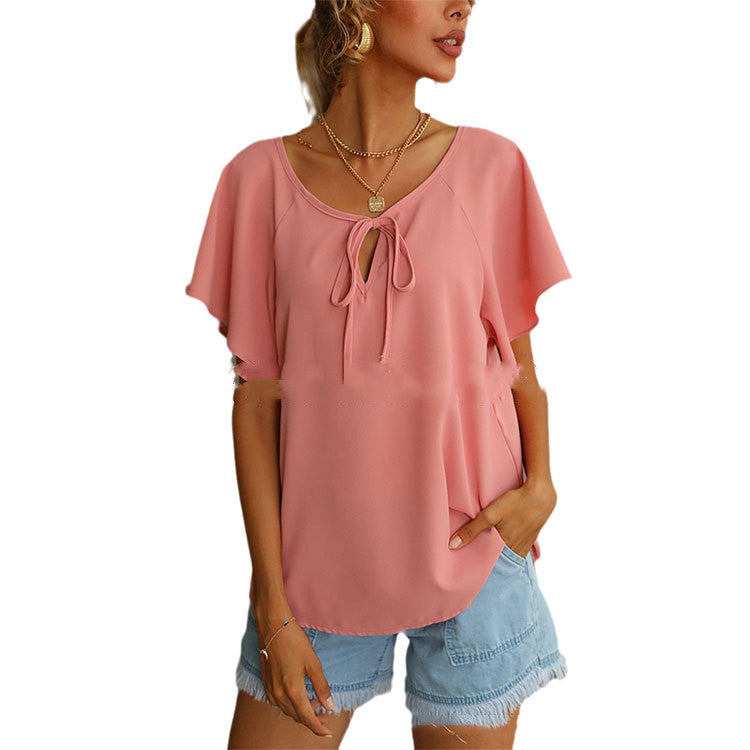 Women's Short Sleeve Fashion Solid Color V-Neck Shirt Top Women