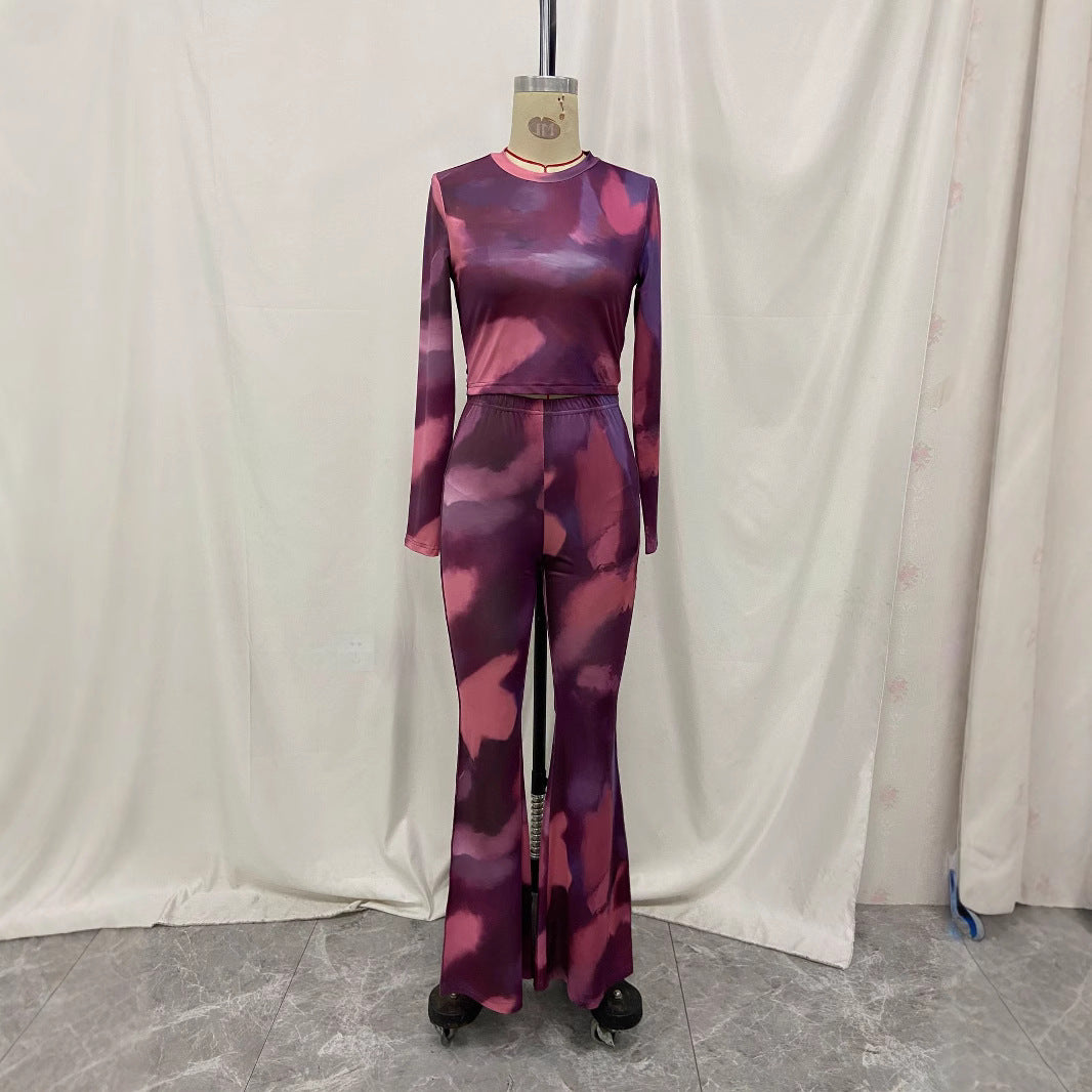 Printed Long-sleeved Fitted Top With Wide-leg Pants