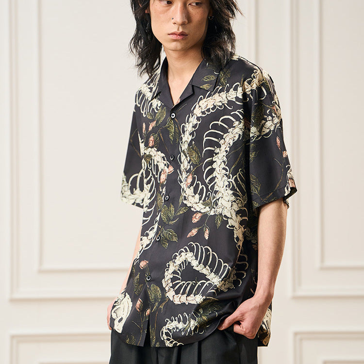 Original Designer Snake Bone Theme Pattern Printed Short Sleeve Cuban Collar Shirt