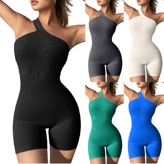 Women's Fashion Casual Thread One Shoulder Sleeveless Slim Fit Hip Raise Jumpsuit