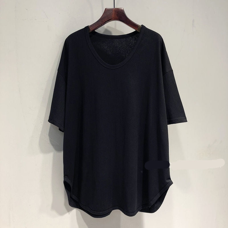 Loose Solid-Color V-Neck Mid-Length Short-Sleeve Top For Women