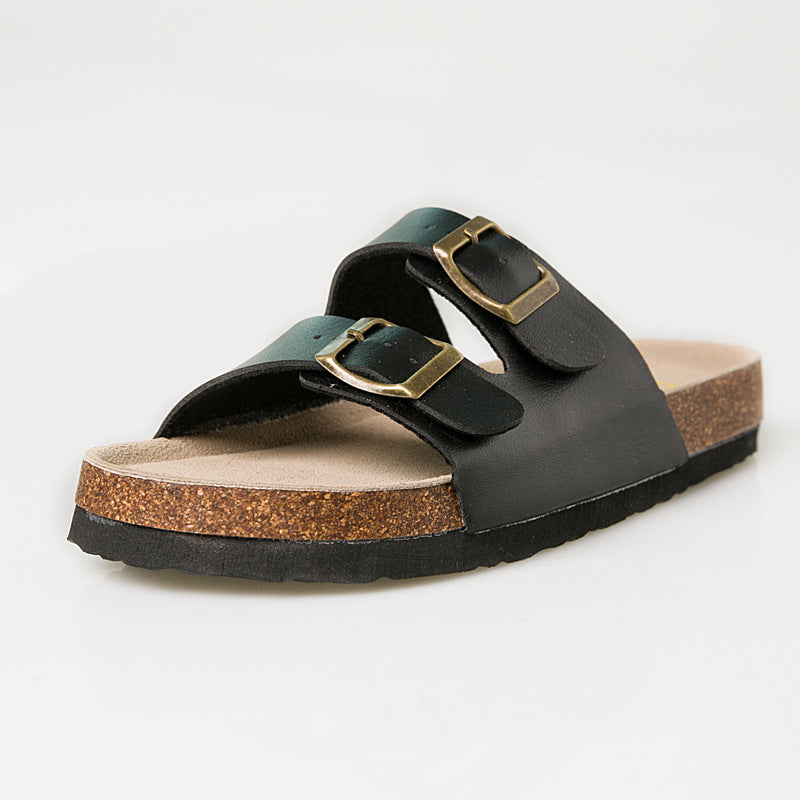 Casual Slippers Two Buckle Flat Cork Drag Sandals Foreign Trade