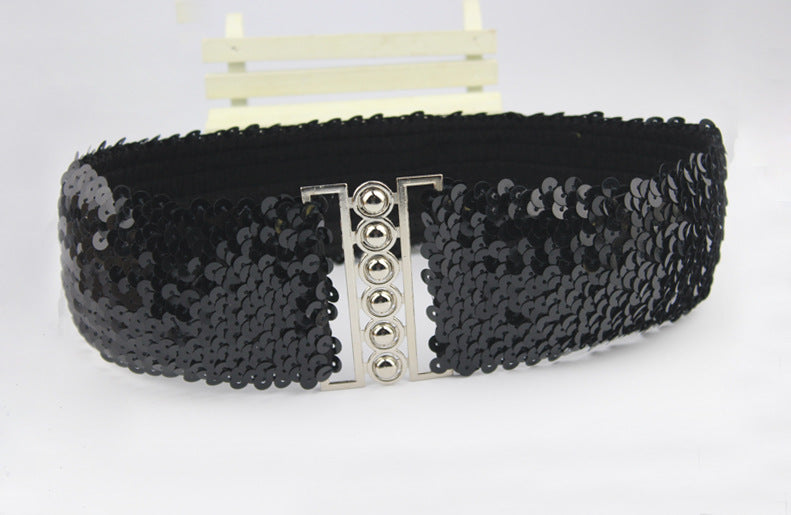 European And American Style Sequins Elastic Waistband Women's A Pair Of Buckles Mirror Fashion Style