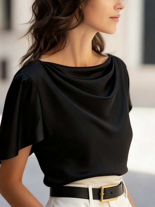 Scoop-neck Draping Short-sleeve Top Casual Shirt For Women