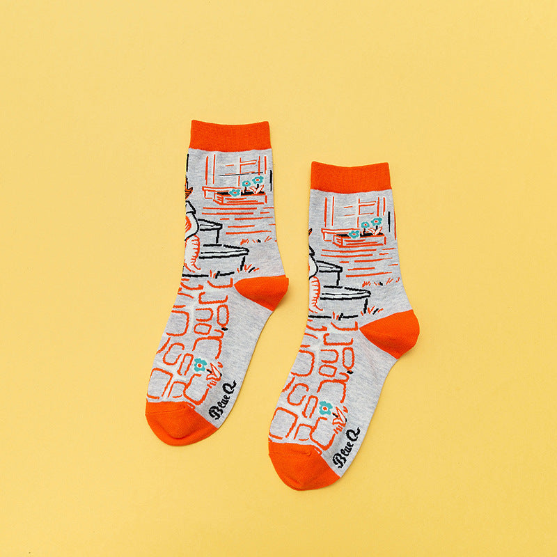 Personality Contrast Color Graffiti Women's Tube Socks Street Style Fashion Cotton Socks