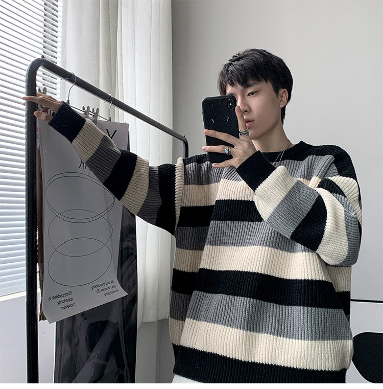 Thick Striped Sweater Men's Loose Round Neck Sweater
