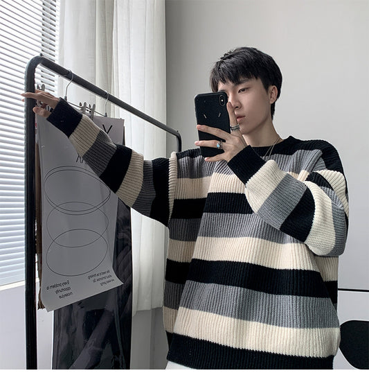 Thick Striped Sweater Men's Loose Round Neck Sweater