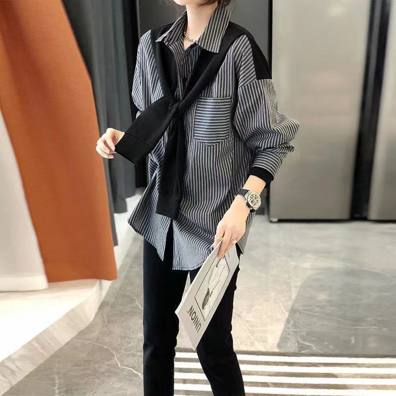 Women's All-match Loose Black And Gray Striped Top Shirt