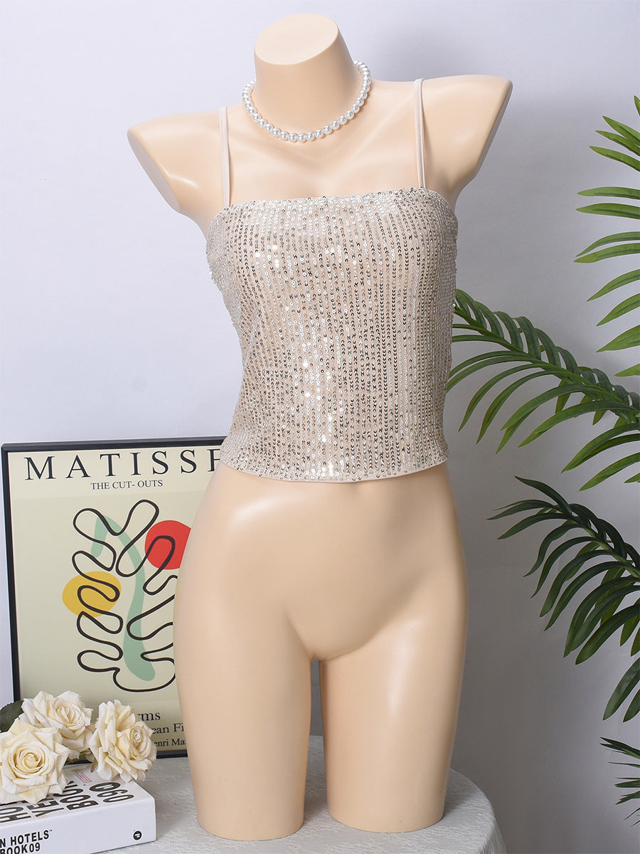 Adjustable Back Shoulder Strap Sleeveless Hollow Backless Sequin Sling