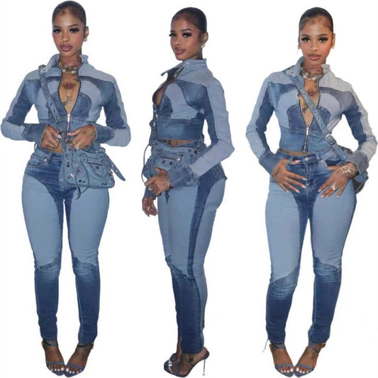 High Elastic Stitching Contrast Color Washed Denim Casual Suit Two-piece Set