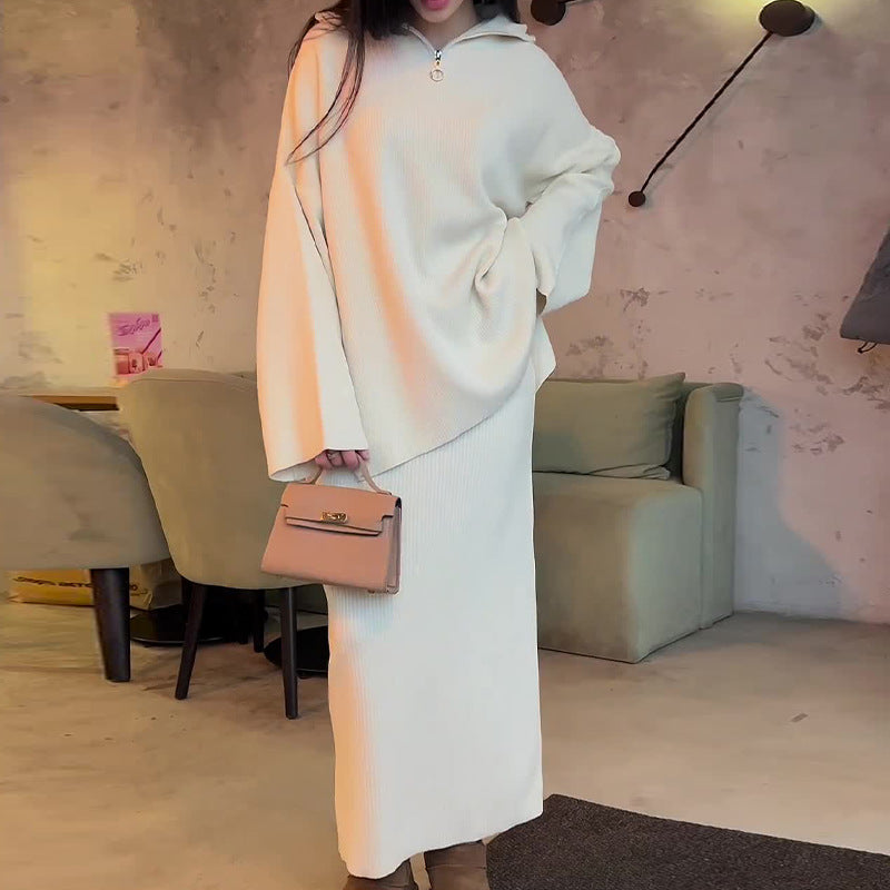 Fashion Solid Color Loose Zip Casual Skirt Suit Women
