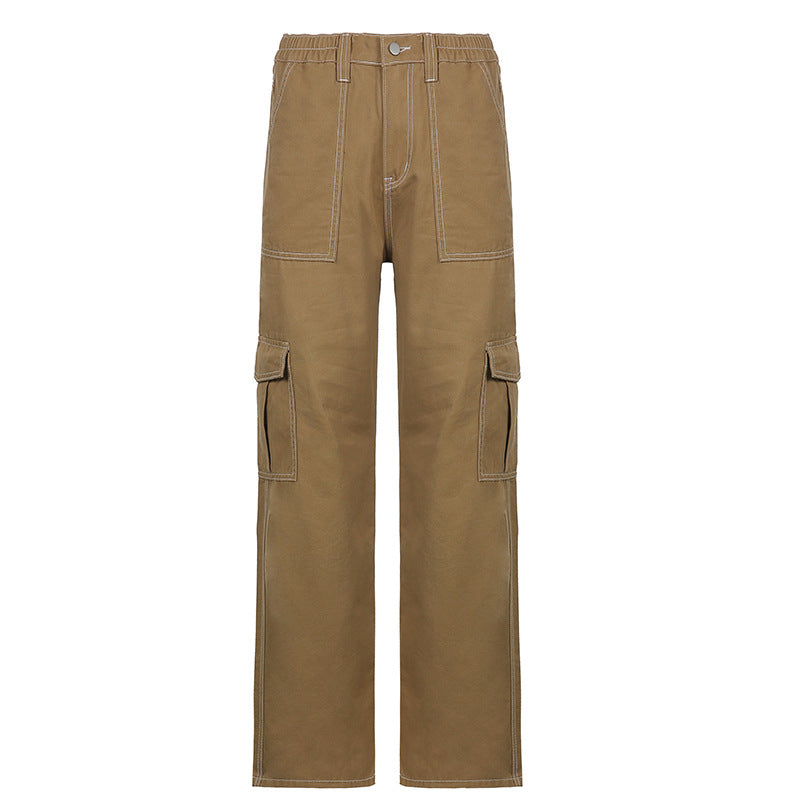 Mode Multi-lomme Syede Jeans Ensfarvet