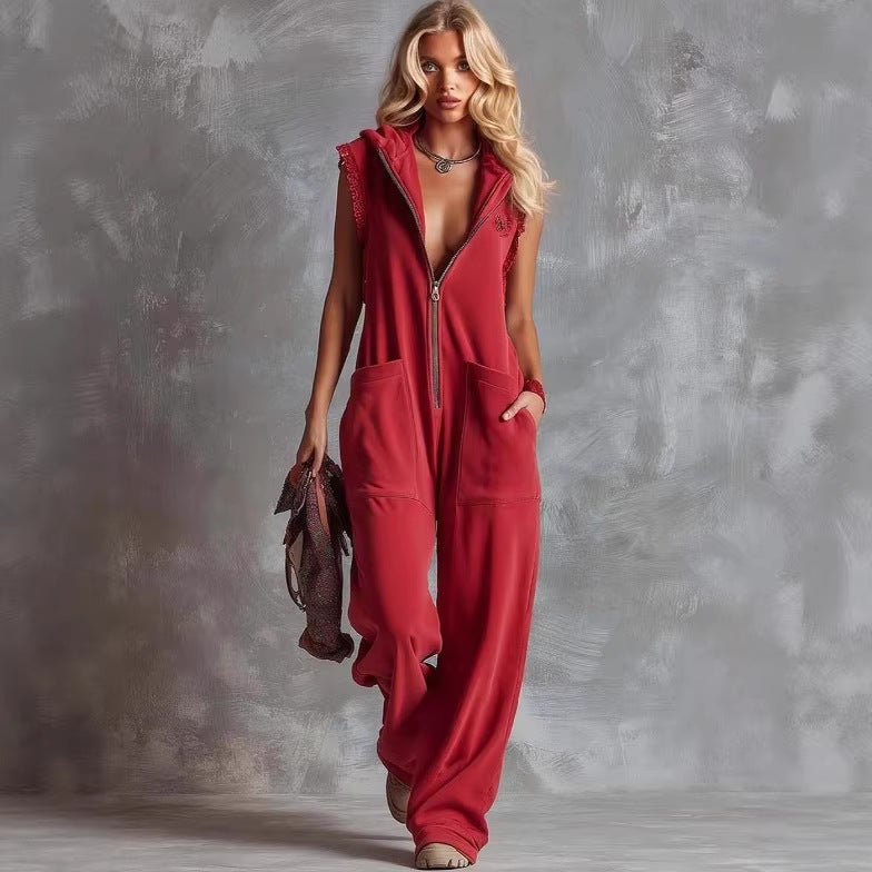 Womens Retro Hooded V-Neck Zip-Up Jumpsuit