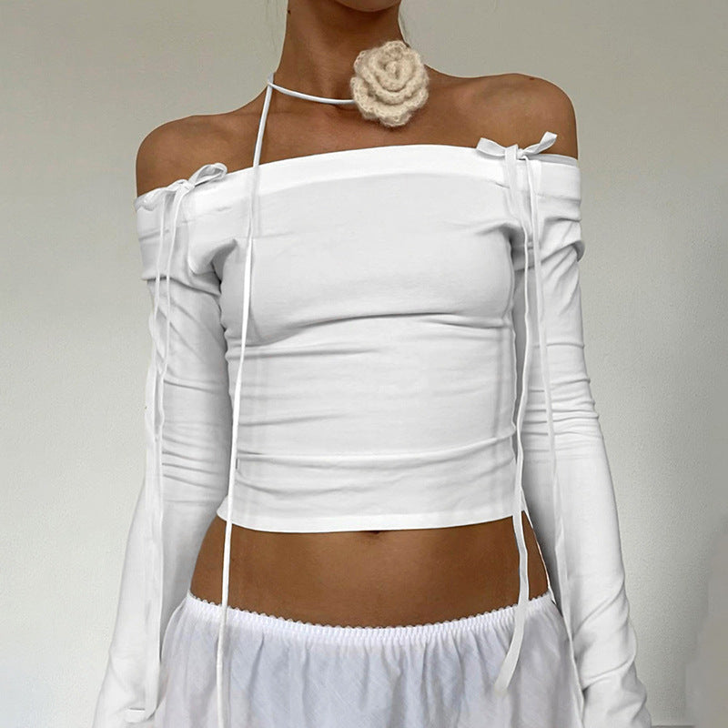 Pure Desire Style Lace-up Bow Off-shoulder Long Sleeve Backless Sexy Top Women's Clothing