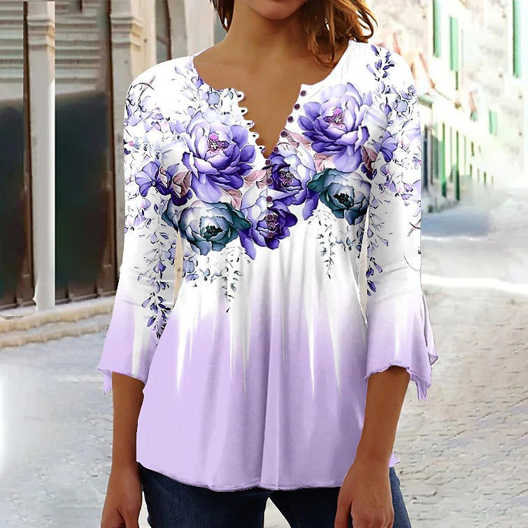 Bluse til kvinder med blomstret print, 3/4 ærmer, V-hals og knapper