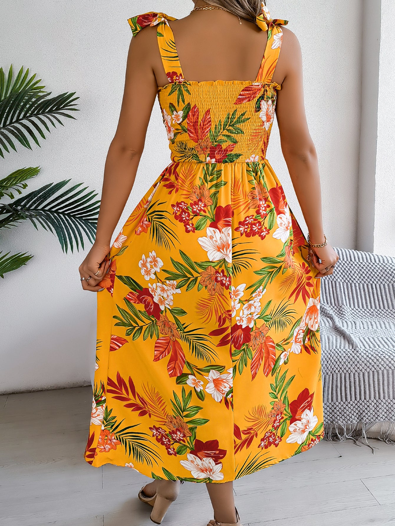 Women's Floral Print Tie Waist Camisole Beach Vacation Maxi Dress