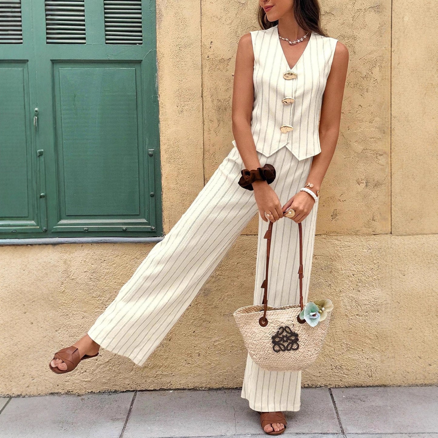 Vertical-striped Button-up Vest And Straight-leg Trousers Set