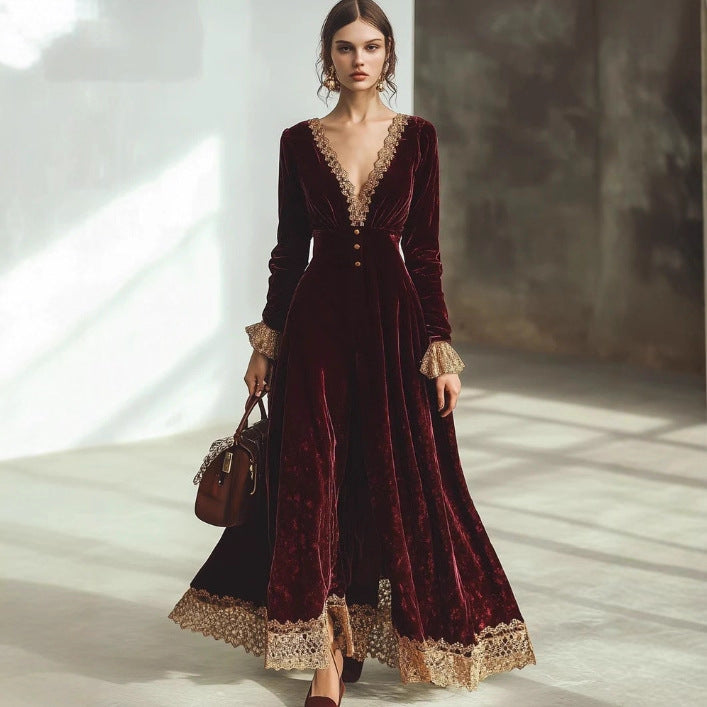 Vintage Red Velvet Lace V-neck Long-sleeve Maxi Dress