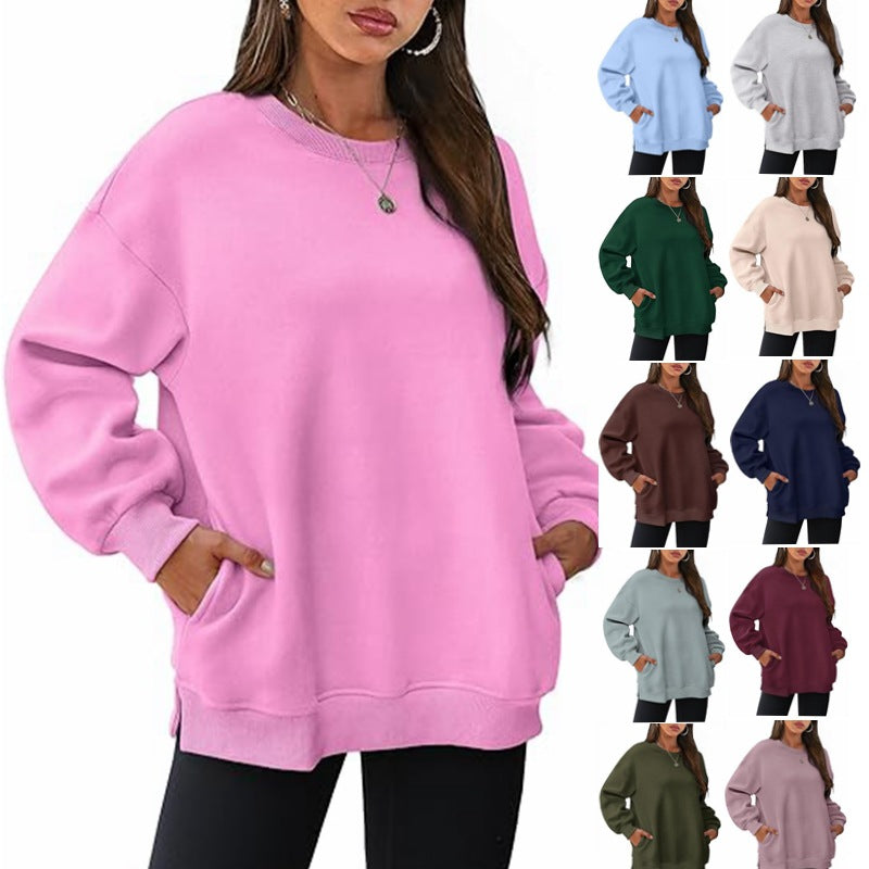 Rundhalset pullover til kvinder – Oversized løs sweatshirt i velour med lange ærmer