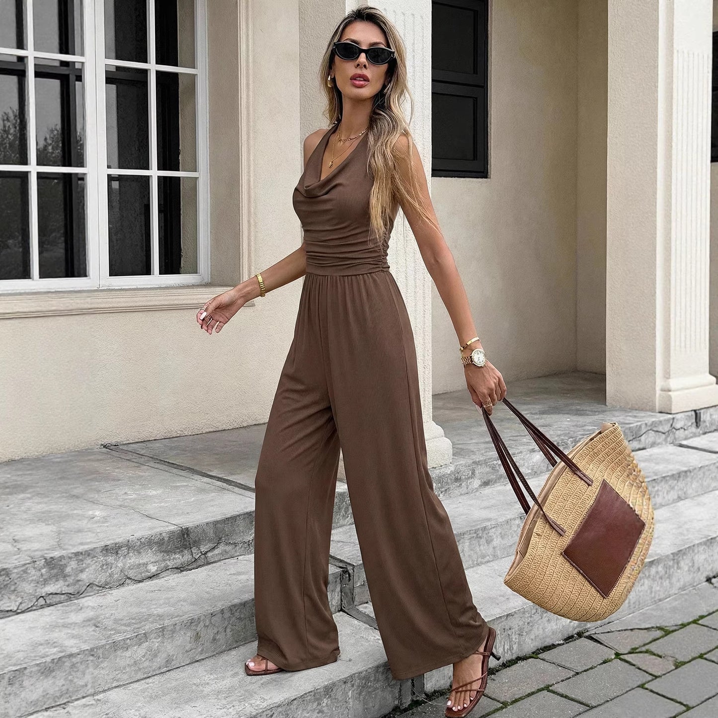 Sleeveless Halterneck Textured Collar Open-Back Jumpsuit