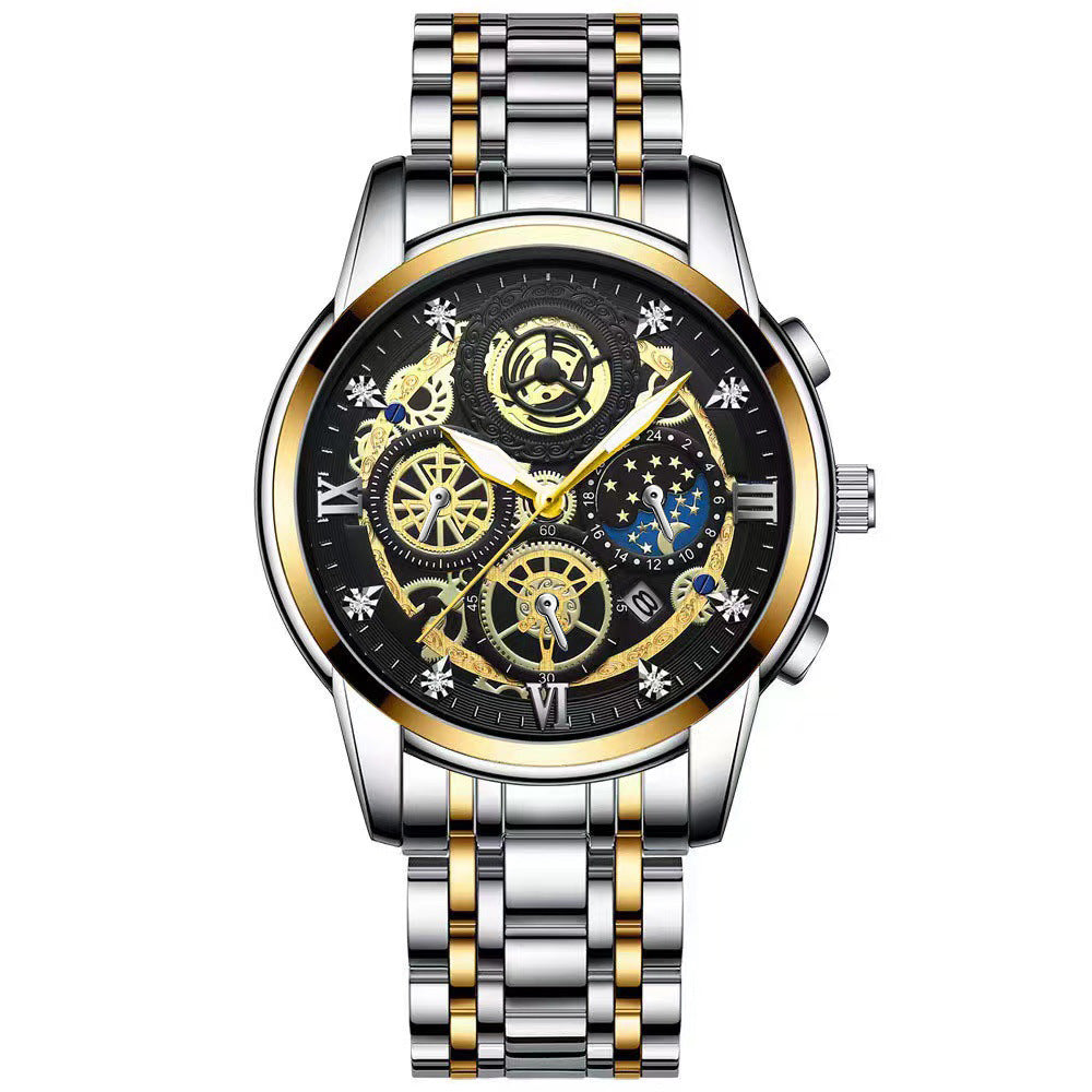 Men's Fashion Watch Hollow Flywheel Rhinestone Waterproof Sun Moon Stars