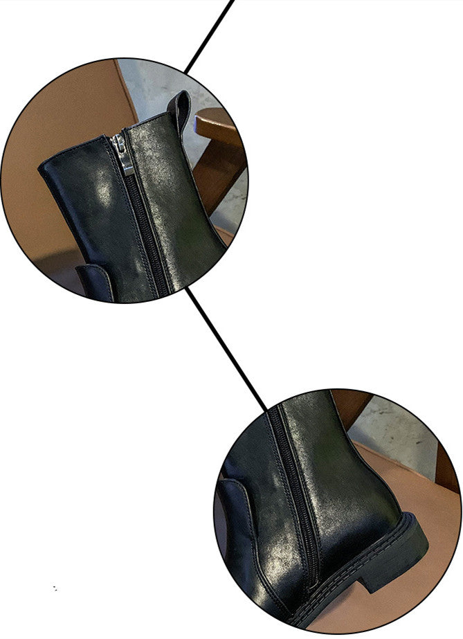 Women's Square Toe Metal Buckle Flat Martin Boots Side Zipper