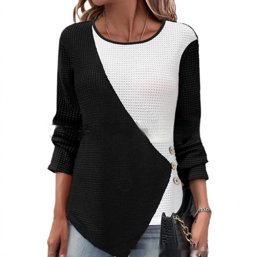 Black And White Color-block Crew Neck Knitted Long-sleeved Top