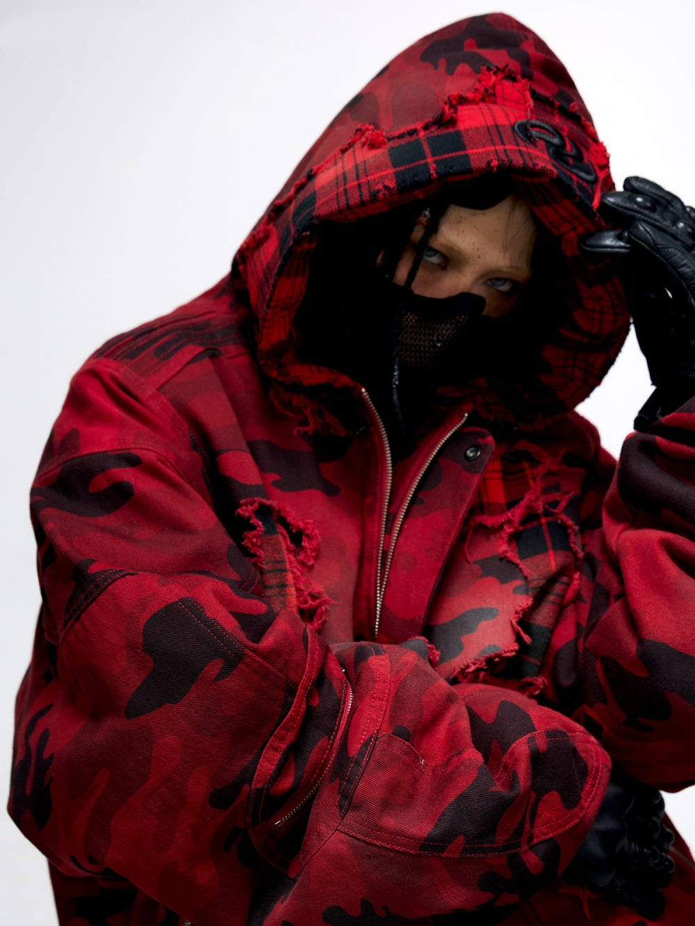 Camouflage Checkered Perforated Hooded Red Distressed Cotton Jacket
