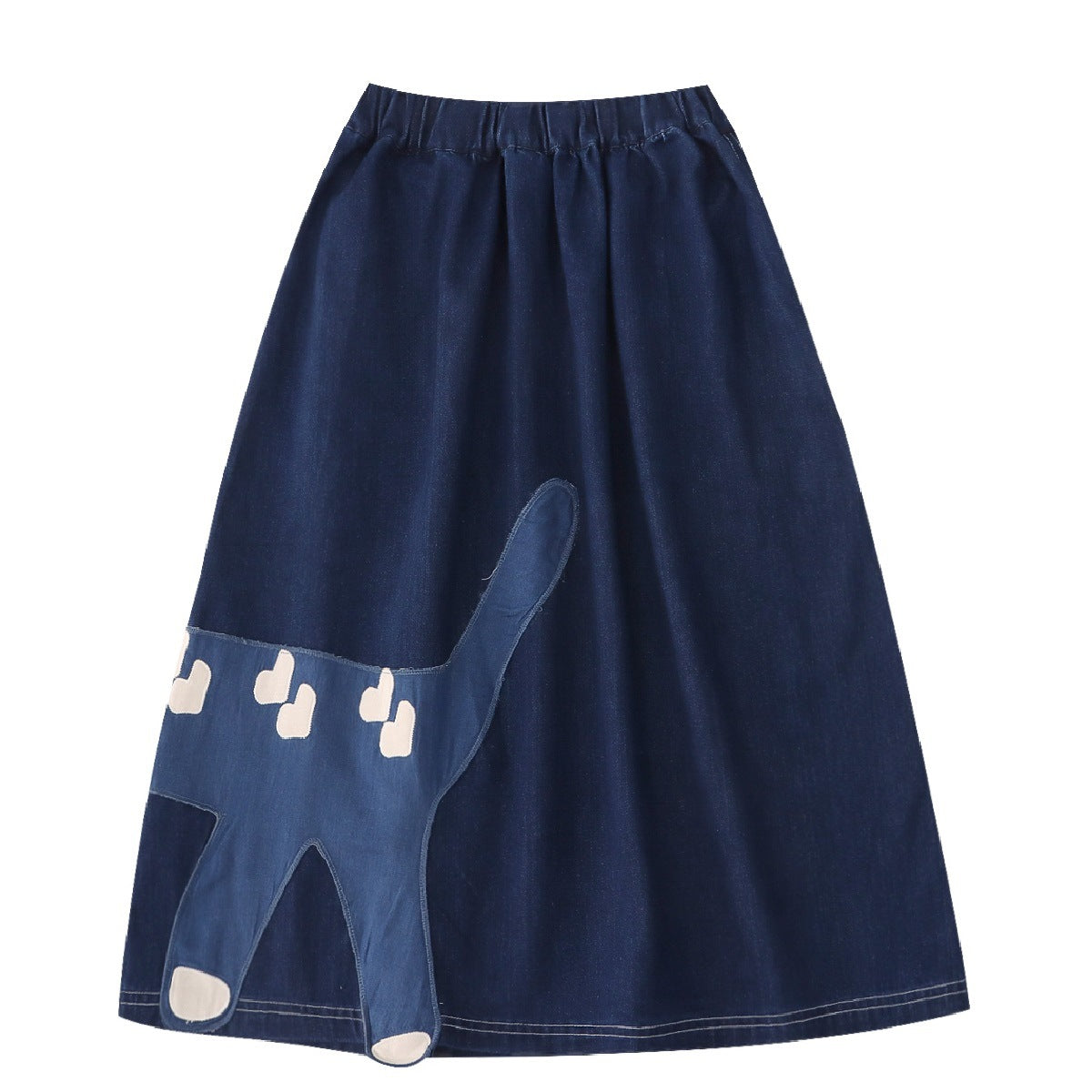 Japanese Vintage Style Cat Paste Cloth Embroidery Dark Blue Thin Washed Denim Skirt