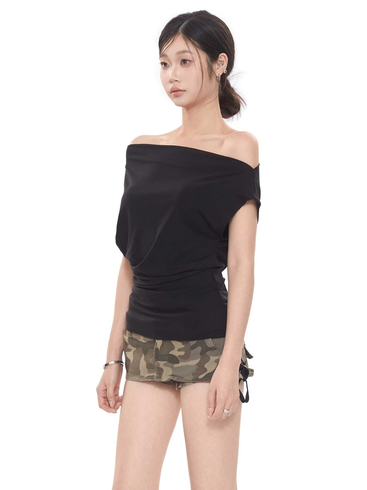 Short-sleeved Women's T-shirt Slim-fit Slimming Off-shoulder Top