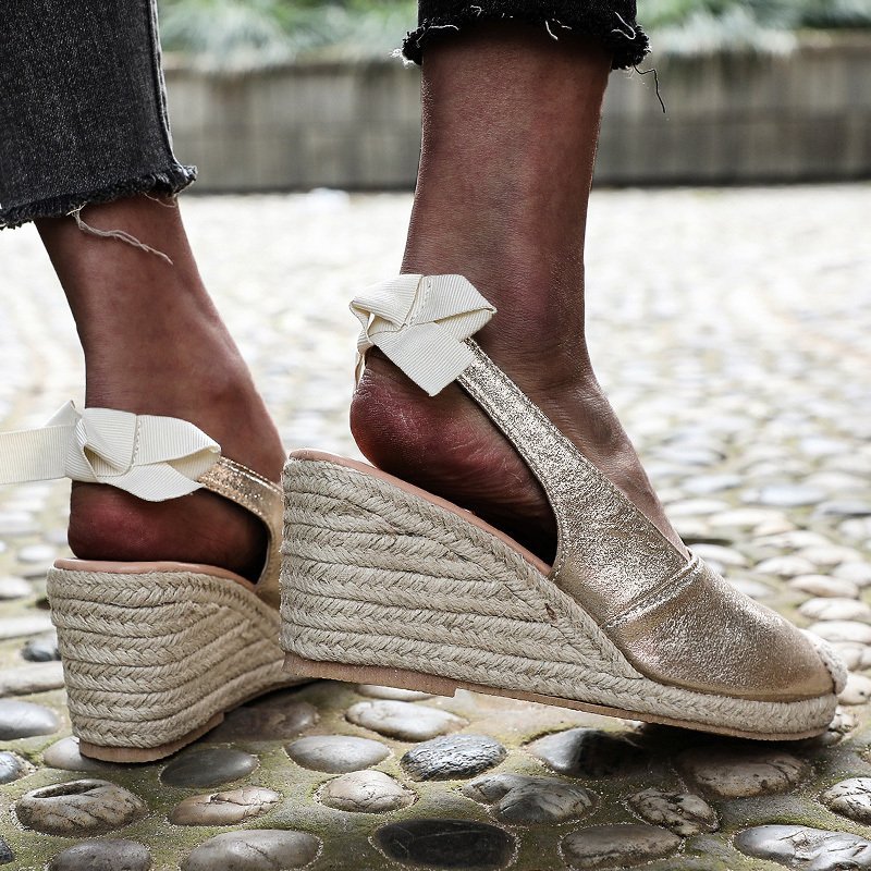 Summer New Hemp Rope Wedges Sandals Female Large Size Bow Snake Print Platform Sandals