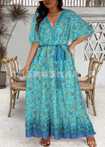 Women's Retro Printed V-Neck Long Dress Women's Pullover