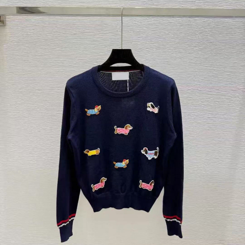 Autumn And Summer New Round-neck Pullover Dog Embroidery Knitted Sweater Long Sleeve