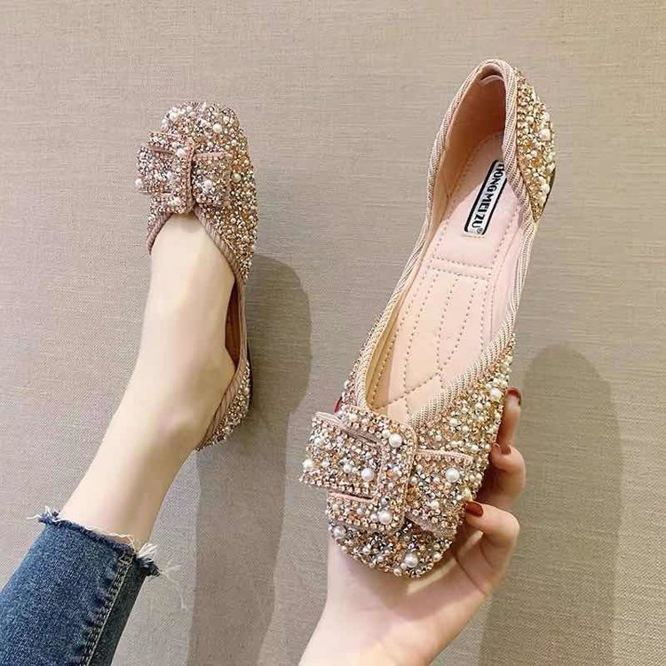 Pearl Rhinestone Shallow Mouth Square Toe Single  Flat Sole Women's Shoes