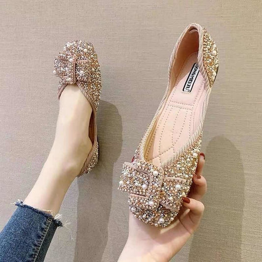 Pearl Rhinestone Shallow Mouth Square Toe Single  Flat Sole Women's Shoes