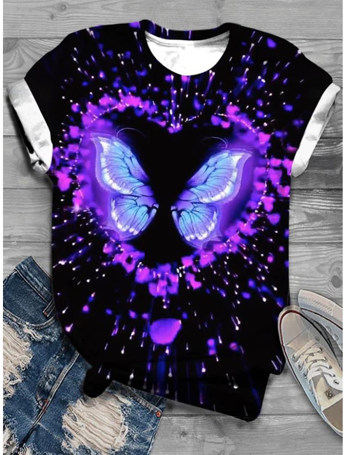 Women's T-shirt White Pink Blue Printed Short Sleeve