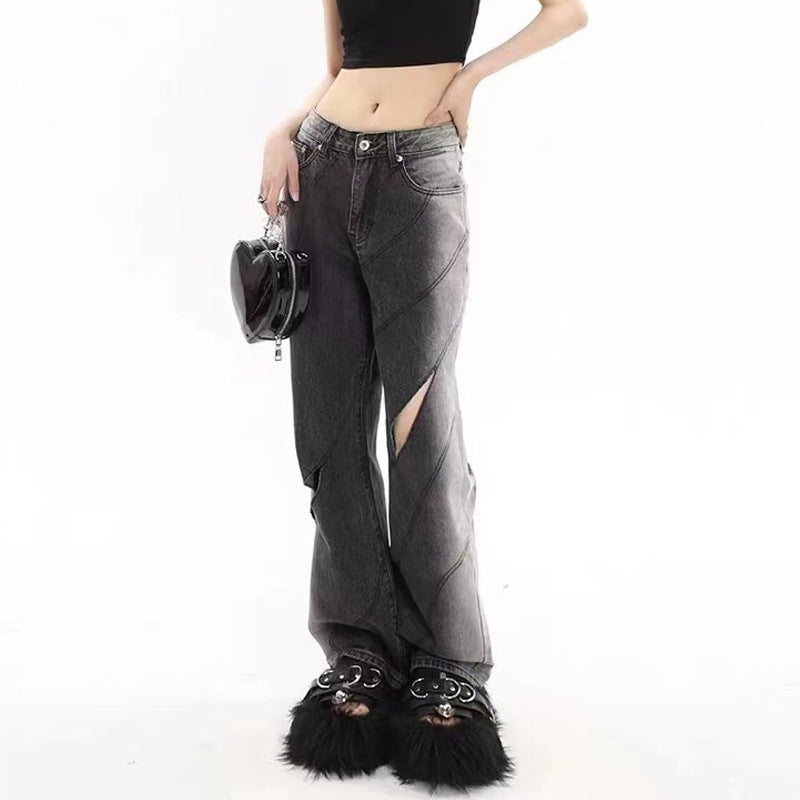 Chaopai Worn-out Hole Straight High Waist Denim Casual Pants
