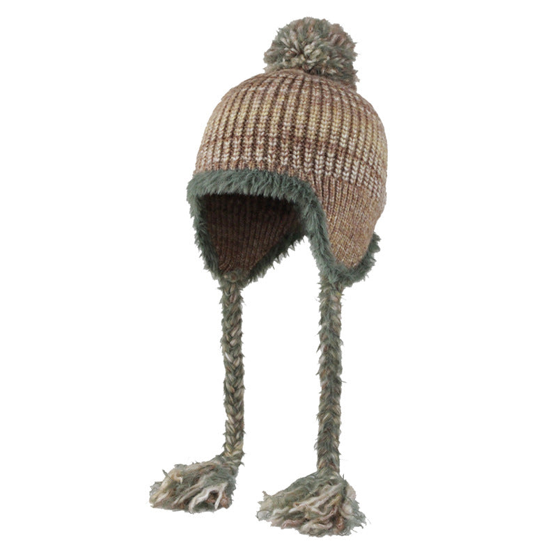 New Style With Fur Ball Thickened Woolen Cap Korean Style Earflaps Slipover Knitted Hat